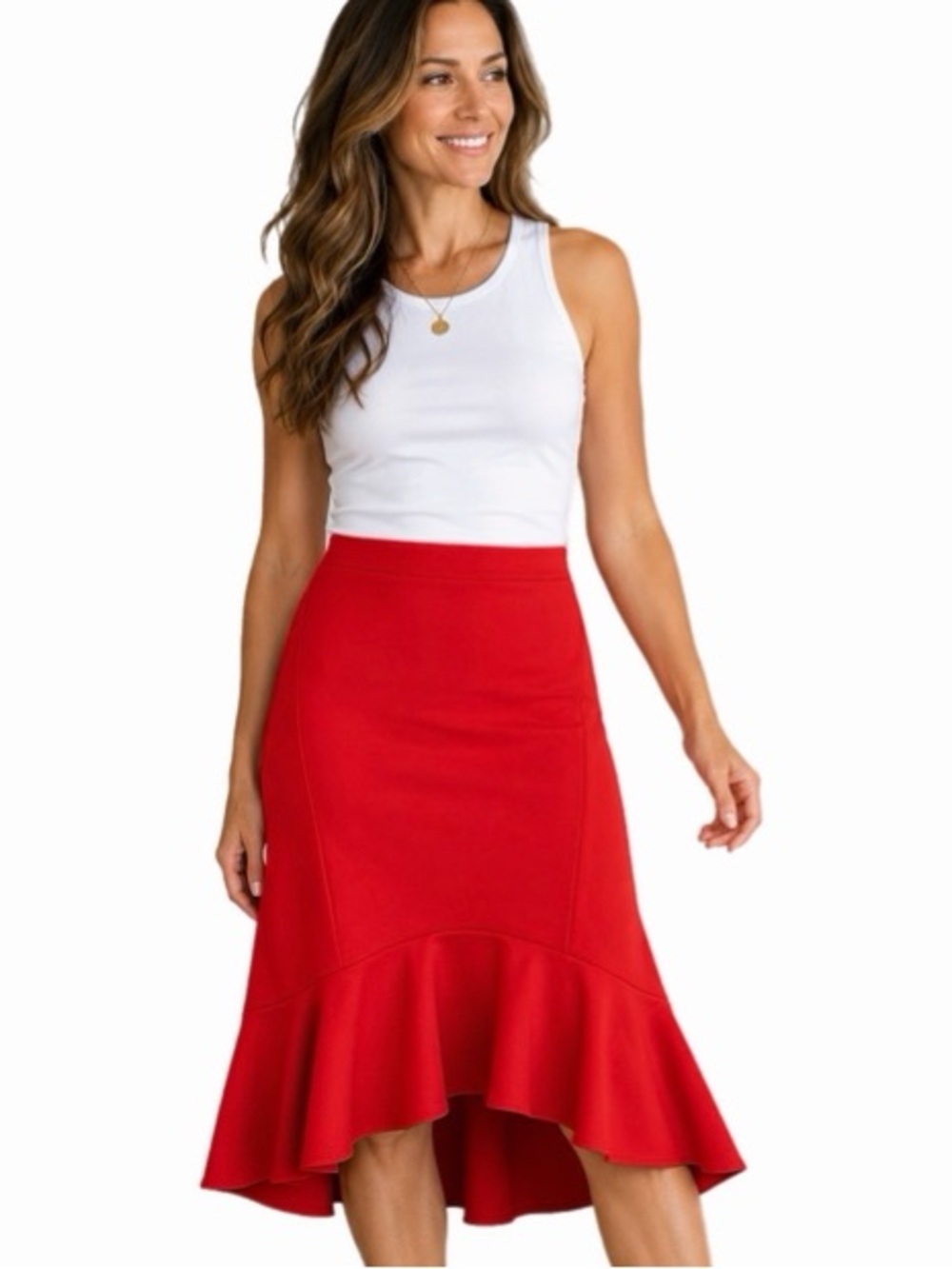 BANANA REPUBLIC Red High-Low Peplum Ruffle Hem Stretch Jersey Skirt Size 12 Tall